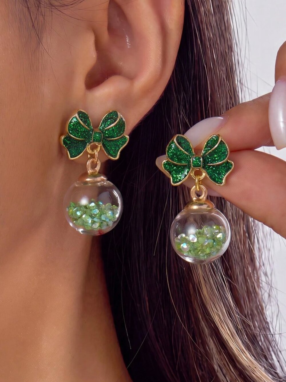 Christmas Glitter Bow Crystal Ball ornament Earrings